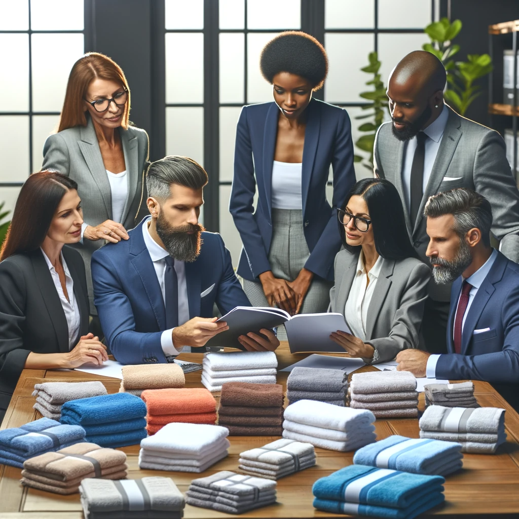 The second image depicts a diverse group of business professionals, including hotel managers and salon owners, gathered around a conference table. They are engaged in a discussion about bulk towel options, comparing quality and prices, embodying a scene of collaboration and decision-making.