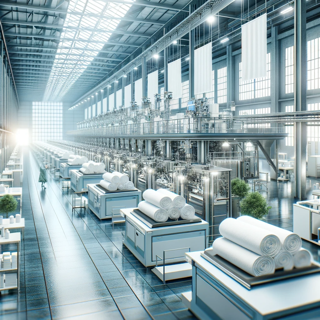 This image portrays a modern, eco-friendly textile manufacturing facility, highlighting the production of bath towels. It emphasizes sustainable and ethical manufacturing processes with machines processing organic cotton, conveying a commitment to environmental responsibility and high-quality production.