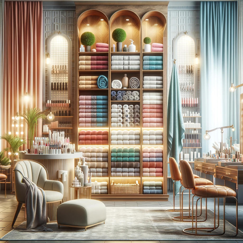 The second image features an elegant salon interior showcasing a neat and organized display of various salon towels. It includes plush, colorful towels arranged on shelves and racks, enhancing the salon's luxurious and welcoming ambiance.