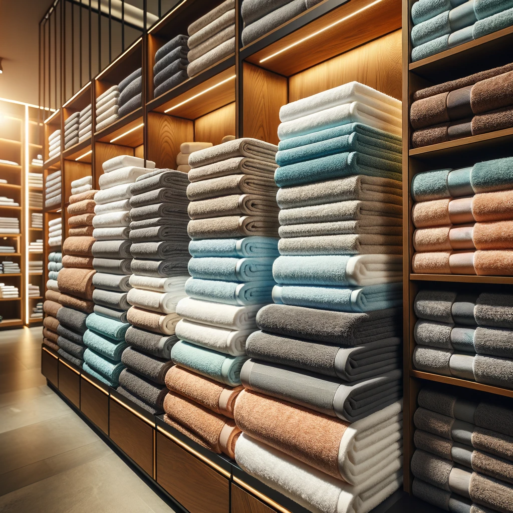 This image showcases a stack of various high-quality bath towels in bulk, arranged on a shelf. The towels appear plush, soft, and durable, perfectly illustrating the balance between cost-effectiveness and quality in a professional setting like a hotel or salon.