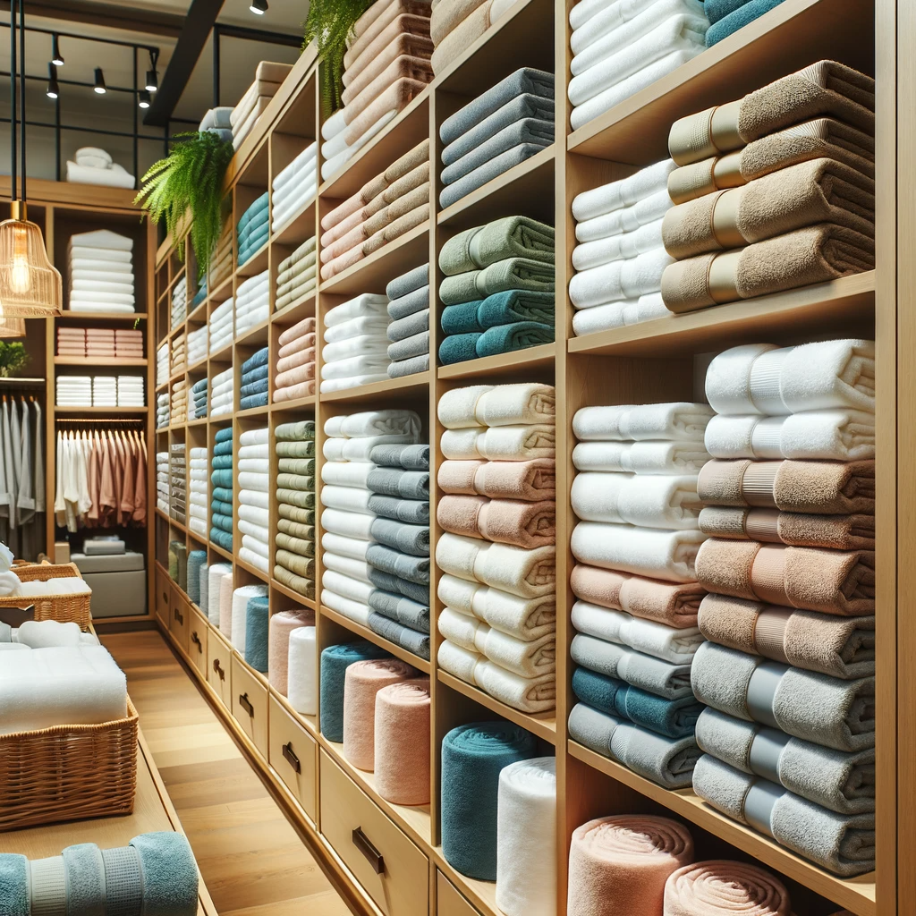 The second image features a variety of high-quality hotel bath towels in different sizes and colors, displayed on shelves in a hotel linen closet. The neat organization of the towels highlights their durability and absorbency, essential qualities for hotel use.