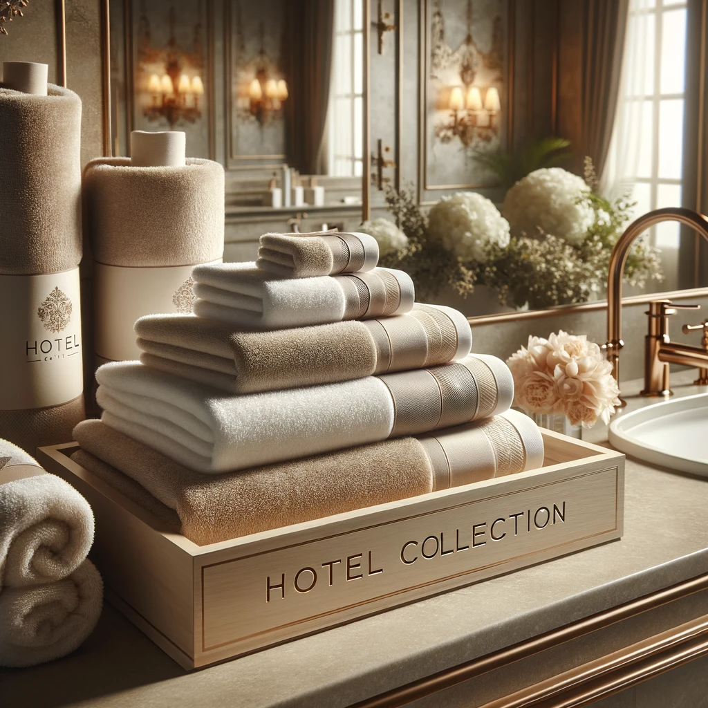 This image displays elegant hotel collection towels in a luxurious hotel bathroom. The towels are plush, high-quality, and arranged neatly, enhancing the upscale ambiance of the bathroom and showcasing their premium feel.