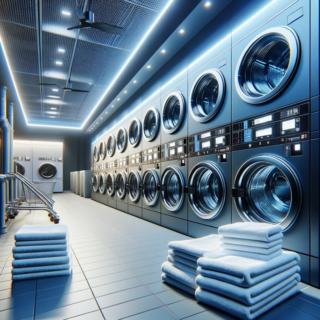 This image depicts a modern hotel laundry facility with advanced washing machines and dryers. It showcases the process of maintaining hotel towels, emphasizing the cleanliness, efficiency, and care taken in laundering to ensure their longevity and quality.