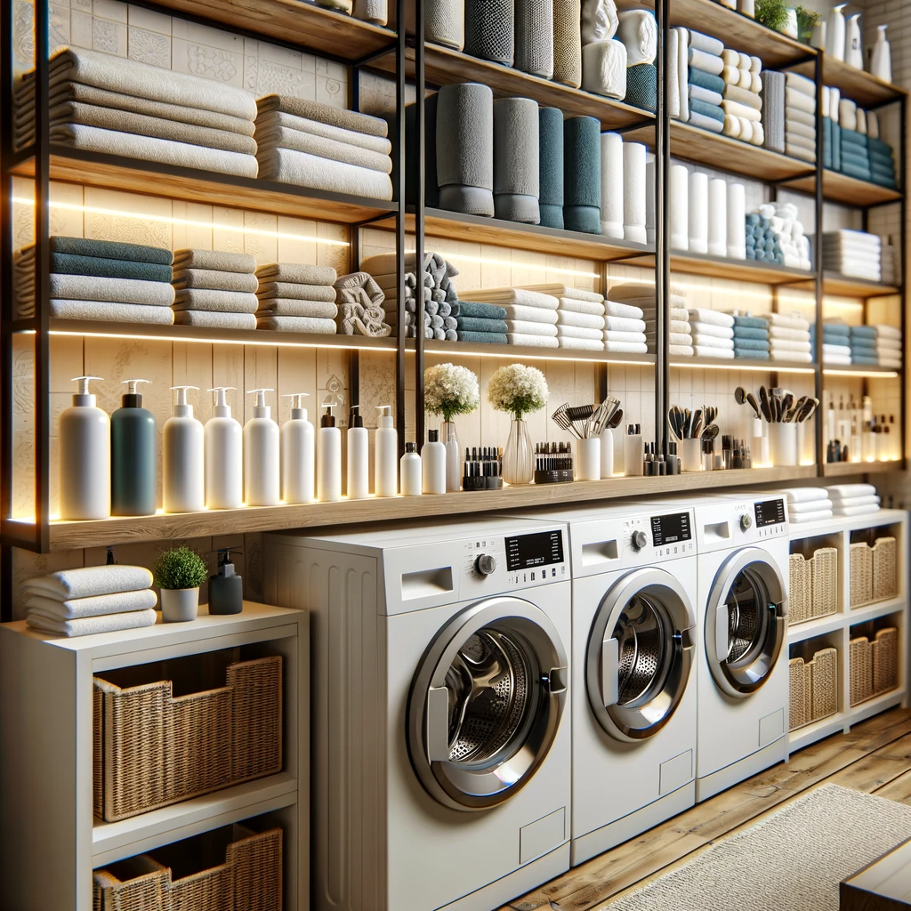 This image depicts a modern and efficient salon laundry room, with washing machines and neatly organized shelves filled with various types of salon towels. It highlights the importance of proper towel care and maintenance in a salon.