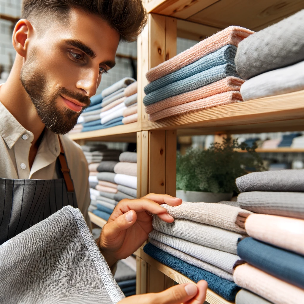 The final image shows a salon owner carefully selecting and examining different types of salon towels. The focus is on the quality, texture, and color of the towels to ensure the best choice for their salon's needs and client comfort.