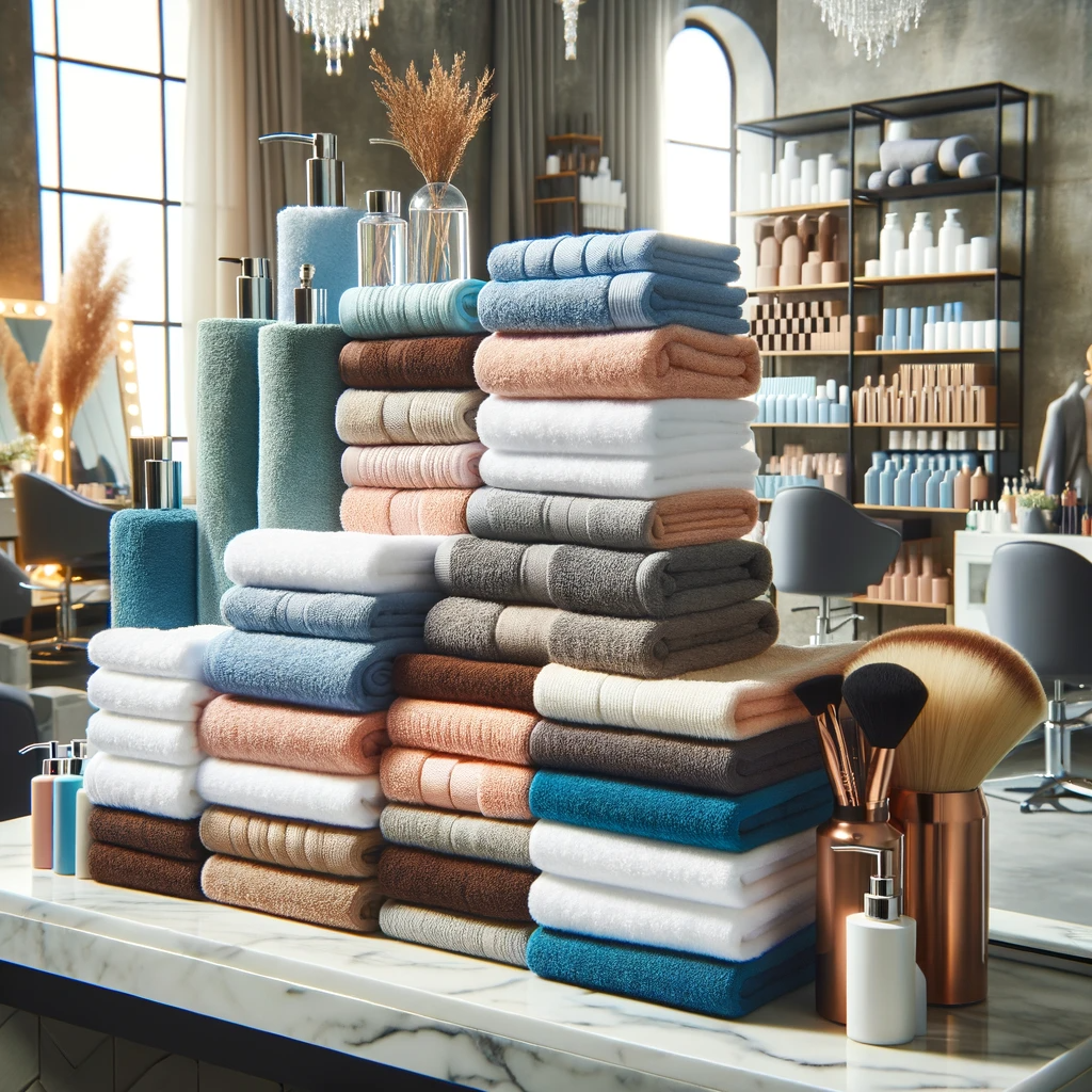 This image shows a variety of high-quality salon towels displayed in a salon setting, with different types and colors of towels neatly stacked or hung, reflecting a professional and luxurious salon atmosphere.